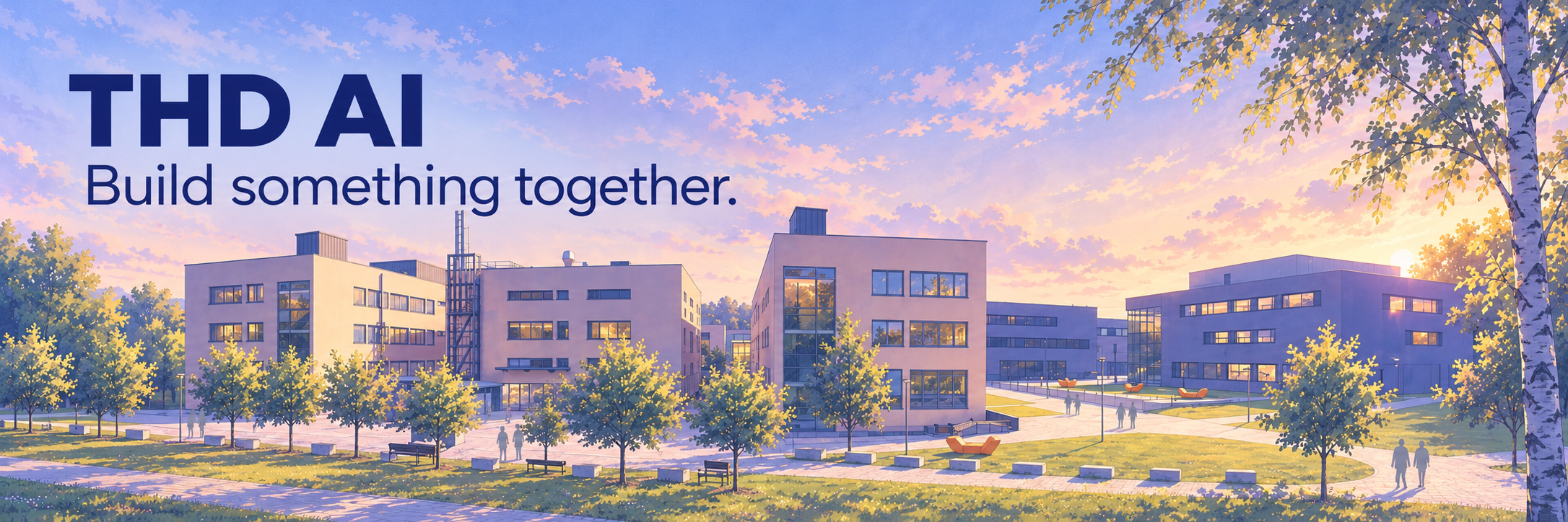 THD's campus in soft afternoon light, with grey silhouettes on its paths. THD AI: Build something together.