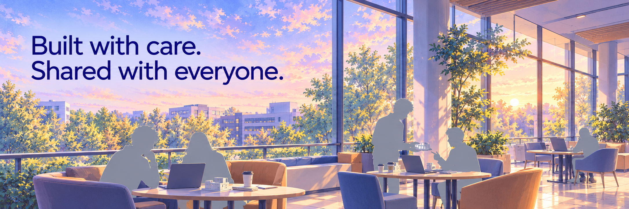 People sharing projects, laptops, and coffee in a softly lit campus space. Built with care. Shared with everyone.